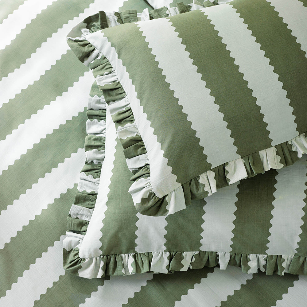 Birdie Stripe Ruffle Pillowcase Pair Bay Green/Mist