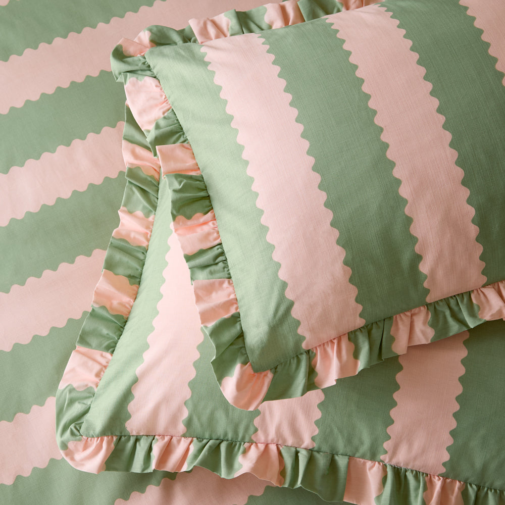 Birdie Stripe Ruffle Pillowcase Pair Pink/Green