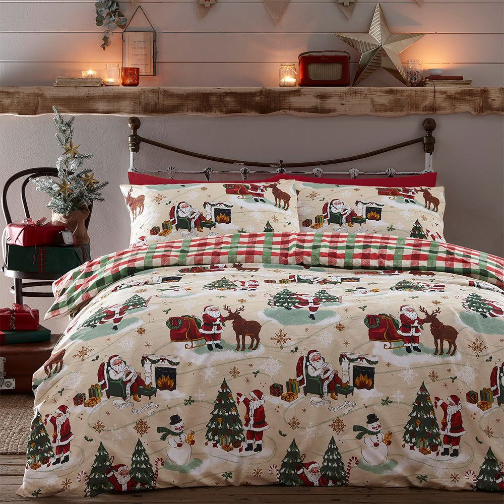 Jolly Santa Christmas Duvet Cover Set Cream/Red