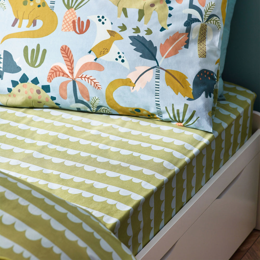Little Dinos Scandi Fitted Bed Sheet Green/Blue