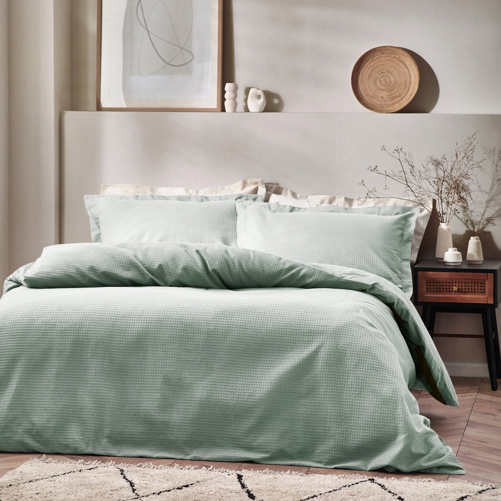 Waffle Textured 100% Cotton Duvet Cover Set Seafoam