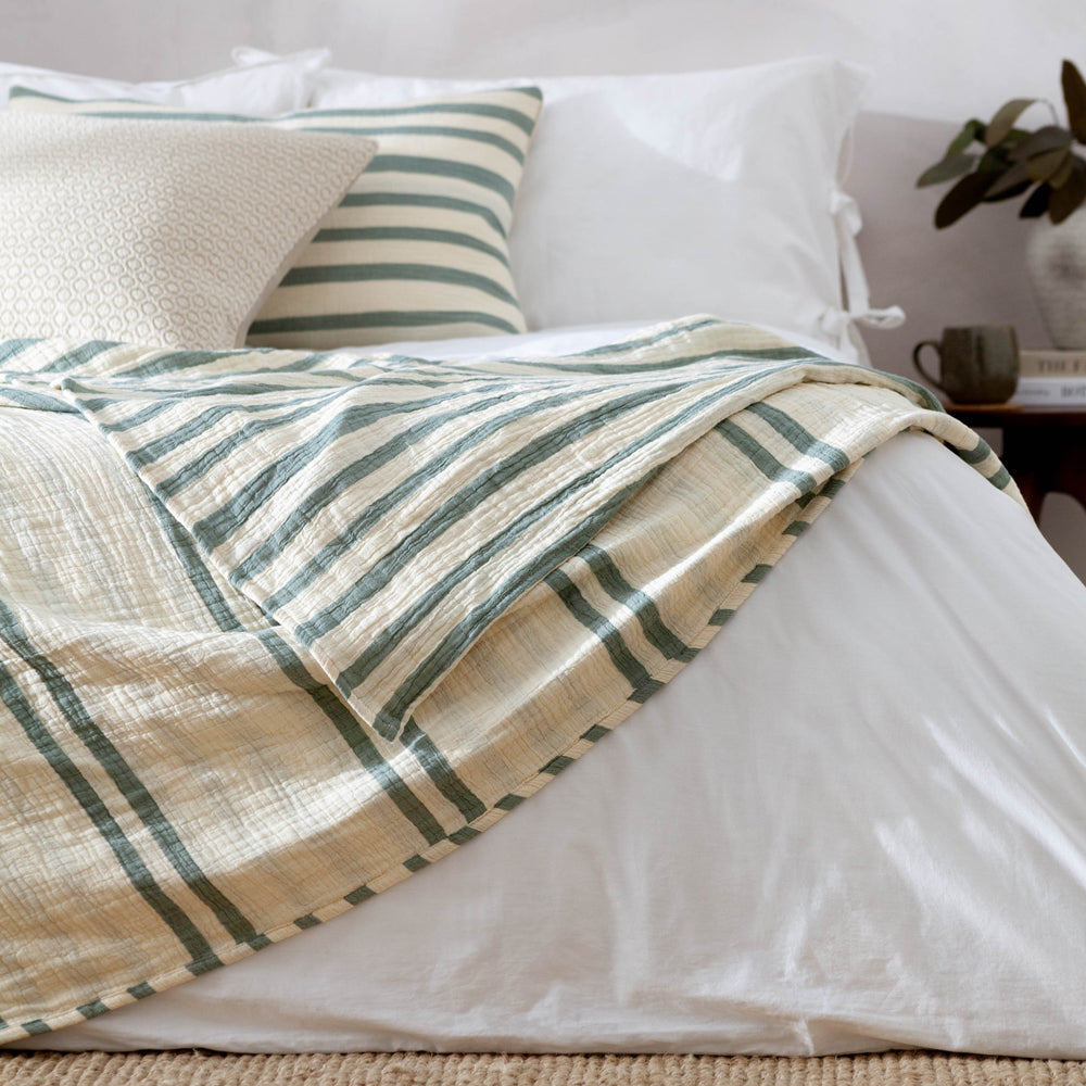 Woven Stripe 100% Cotton Bedspread Eucalyptus
