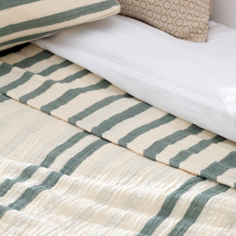 Woven Stripe 100% Cotton Bedspread Eucalyptus