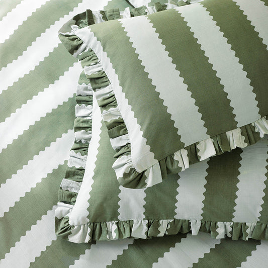 Birdie Stripe Ruffle Pillowcase Pair Bay Green/Mist