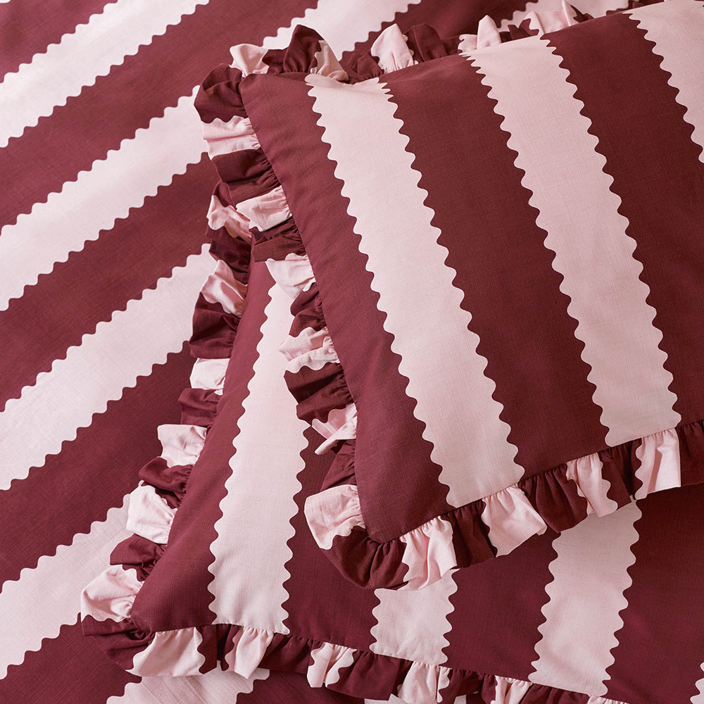 Birdie Stripe Ruffle Pillowcase Pair Burgundy/Blossom
