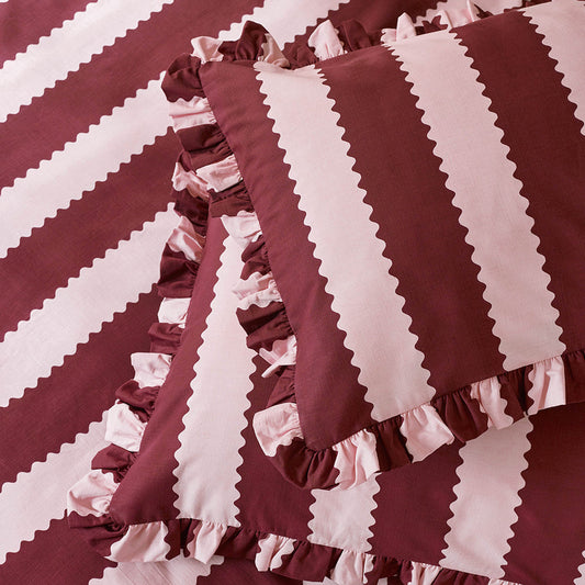 Birdie Stripe Ruffle Pillowcase Pair Burgundy/Blossom