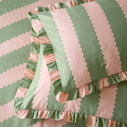 Birdie Stripe Ruffle Pillowcase Pair Pink/Green