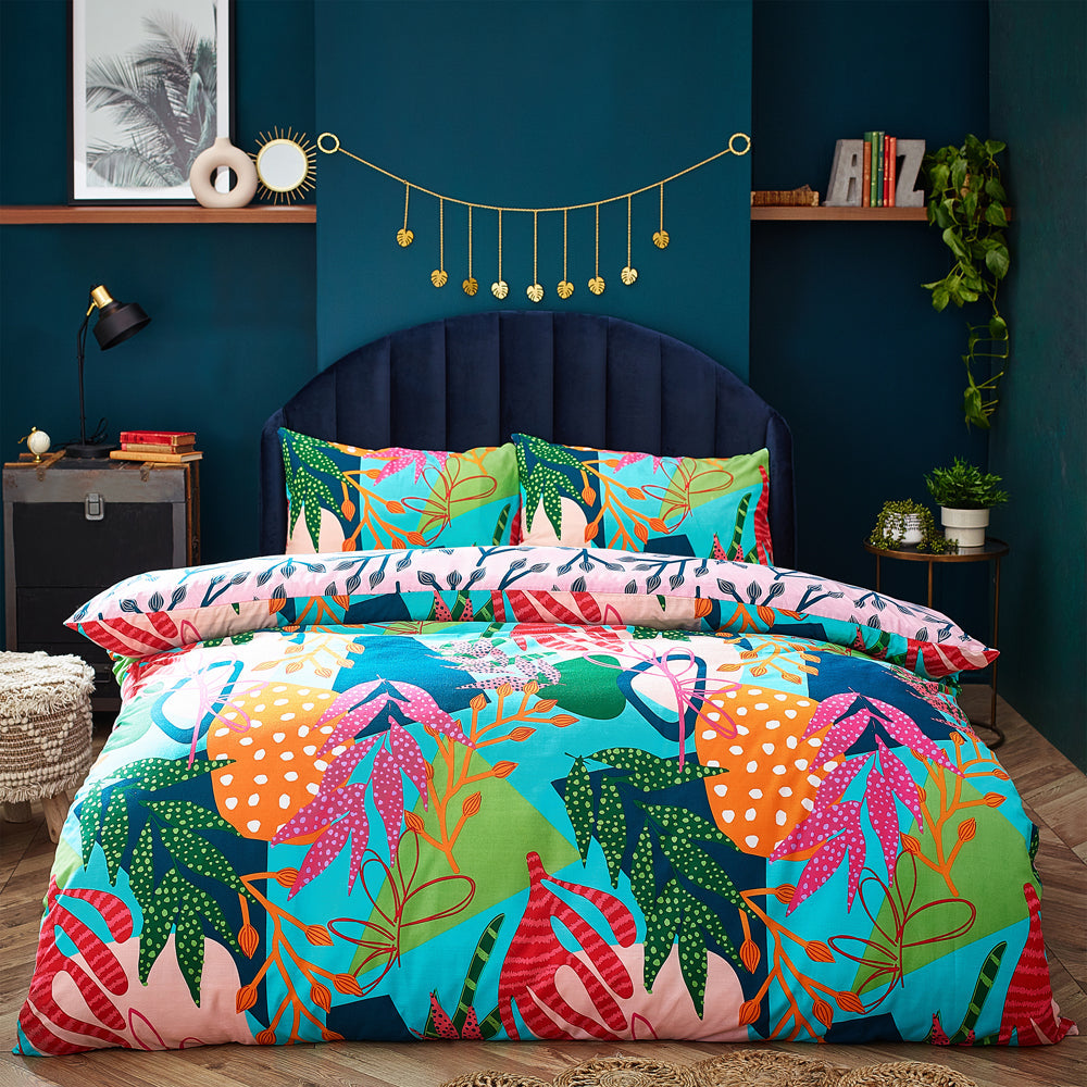 Coralina Tropical Palm Duvet Cover Set Aqua/Pink