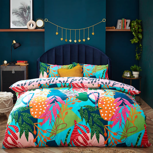 Coralina Tropical Palm Duvet Cover Set Aqua/Pink