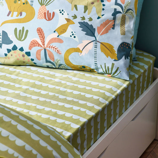 Little Dinos Scandi Fitted Bed Sheet Green/Blue