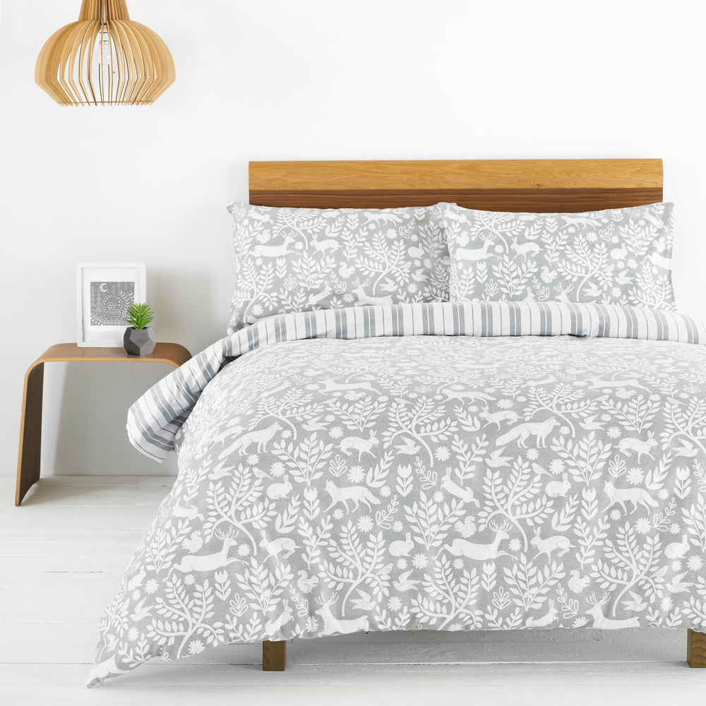 Skandi Woodland Brushed Cotton Duvet Cover Set Grey