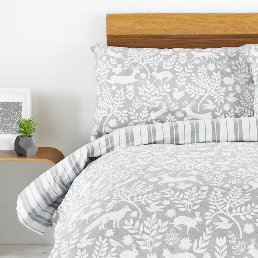 Skandi Woodland Brushed Cotton Duvet Cover Set Grey