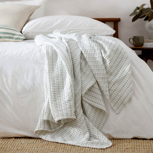 Waffle Textured 100% Cotton Bedspread Eucalyptus